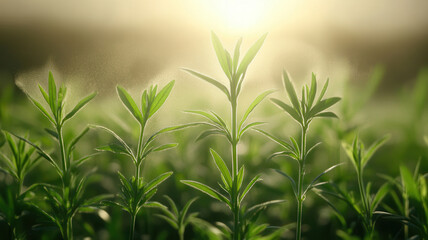 Obraz premium Young green plant leaves growing in sunlight with soft foggy air current creating calm and fresh atmosphere in nature
