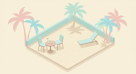 Obraz premium Pastel Isometric Hotel Terrace with Palm and Cocktail