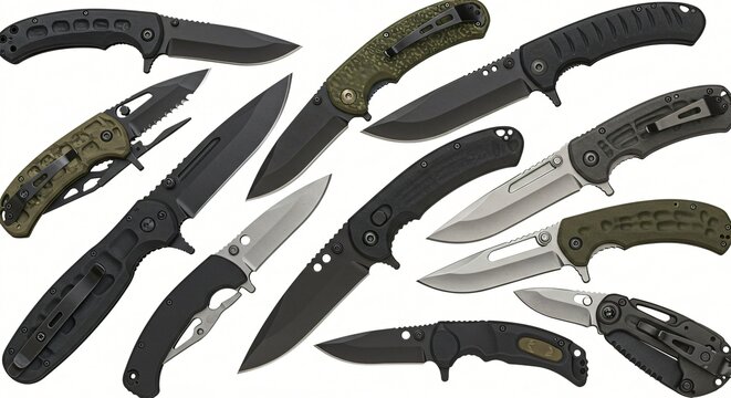 Assorted Tactical Pocket Knives In White Background 