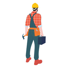 Illustration of male construction worker from behind, wearing a helmet, tool belt, and holding toolbox. Flat design style suitable for industrial or repair themes.