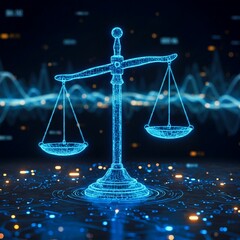 scales of justice and money, Digital balancing scale justice, fairness in modern technology environment. Holographic scales balance on illuminated datum background of ai circuitry. Innovation concept 
