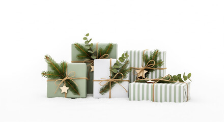 eco friendly christmas gift wrapping with natural fir branches and striped paper


