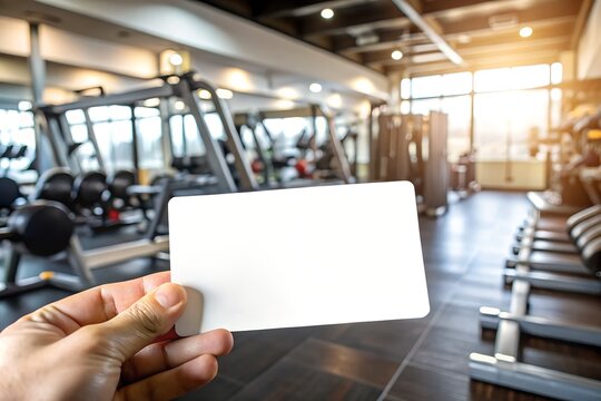 Hand holding blank card in a modern gym with weights and equipment