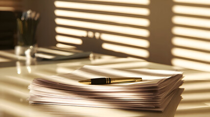 Golden Hour Desk: Documents, Pen, and Sunlight