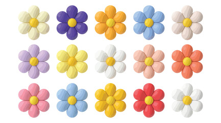 Set of sixteen vibrant six-petaled flowers in assorted colors arranged in a grid, ideal for floral patterns, spring themes, and decoration