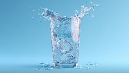 Splashing water glass with ice
