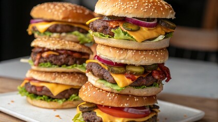 An isolated cheeseburger with lettuce, tomato, and onion on a black plate