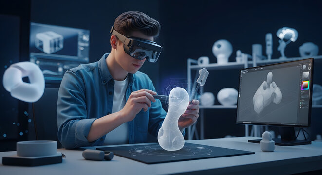 Young Designer Using VR Headset and Haptic Gloves for 3D Modeling and Prototyping in Virtual Reality, Innovative Technology for Product Development and Digital Creation