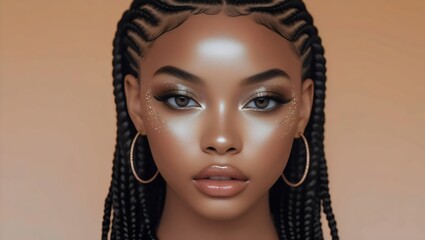 Afrocentric Beauty: Stunning Woman with Braids, Glowing Skin, and Bold Makeup
