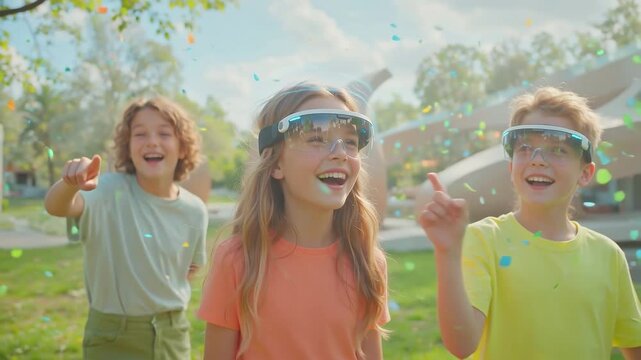 Children experiencing augmented reality with AR glasses in a futuristic park, showcasing immersive technology. - Powered by Adobe