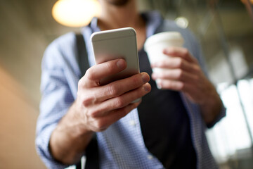 Texting, hands and employee with smartphone, office and planning for project on social media or online. Search, digital and person with mobile for chat, communication or worker with tech for business