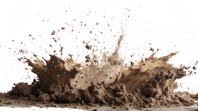 Brown mud splash dynamic motion isolated on a transparent background splatter dirt