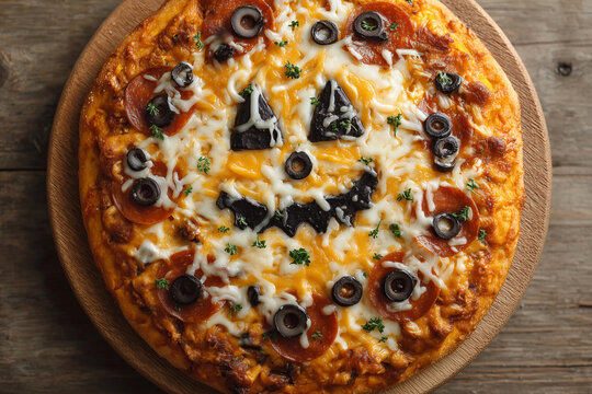 Halloween-themed pizza decorated with pepperoni jack-o’-lantern faces, mozzarella spiderwebs, olive eyeballs, and ghoulish toppings, perfect for a spooky party with creepy, festive, monstrous vibes