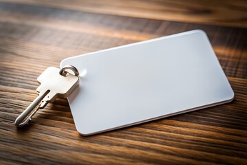 Blank key tag and silver key on wooden surface