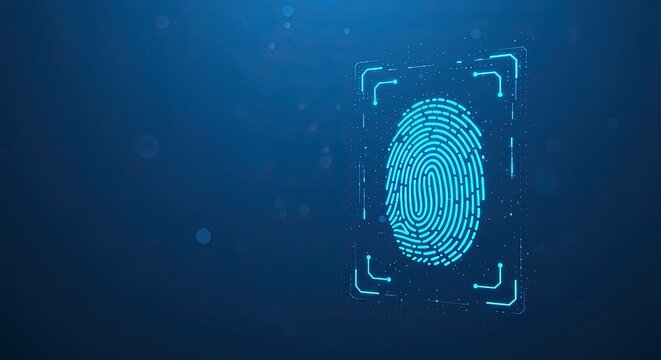 A glowing blue fingerprint scan with digital frame against a dark blue background