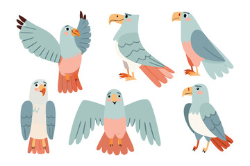 Feathered Aerial Aces: A charming collection of stylized bird illustrations, each displaying unique postures and expressions, perfect for adding a touch of whimsy to any design project.