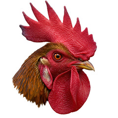 Vibrant rooster head portrait with striking red comb and alert orange eye, showcasing detailed feathers and wattle