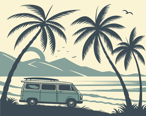 Vintage Camper Van Parked by a Tropical Beach with Palm Trees, Sunset Sky, and Relaxing Surfer in Retro Vector Style