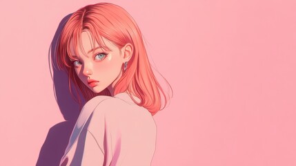 Pink-haired girl gazes sideways in a pastel aesthetic.