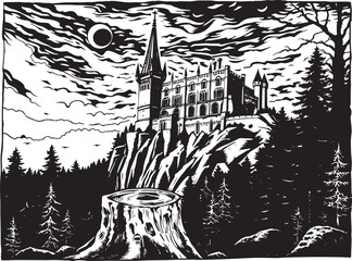 A castle in the remote wilderness. Hand drawn vector illustration
