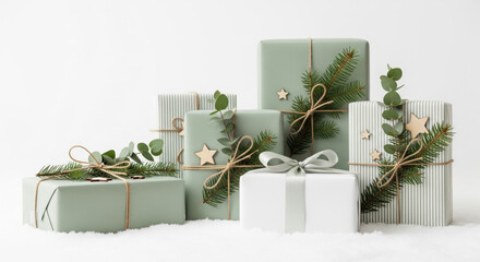 elegant green and white christmas gifts with natural decorations on snow

