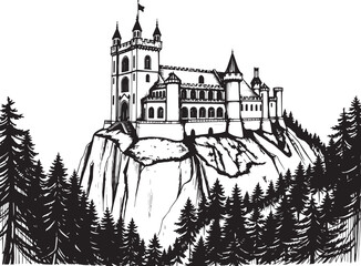 A castle in the remote wilderness. Hand drawn vector illustration