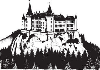 A castle in the remote wilderness. Hand drawn vector illustration