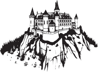 A castle in the remote wilderness. Hand drawn vector illustration