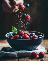 granola with yogurt, fresh raspberries and blueberries on wood background. Healthy breakfast concert.