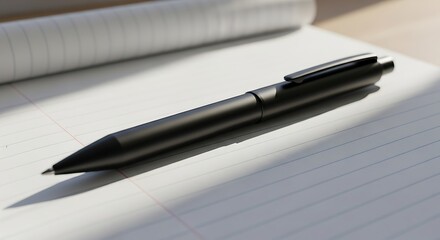 Black Pen on Lined Paper in Sunlight, Office Supplies Close Up