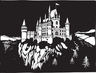 A castle in the remote wilderness. Hand drawn vector illustration