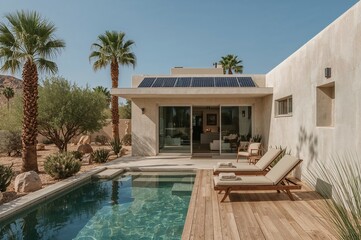 Fototapeta premium Closer View of Modern Solar Desert Home with Cozy Oasis and Palm Reflections