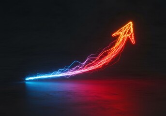 background. Symbolizing growth, progress, and innovation. Glowing arrow ascends, its trail a vibrant, dynamic stream of blue and red energy against a dark, textured 

