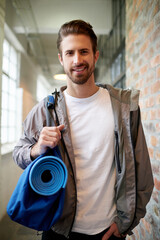 Happy, portrait and man with gym bag, fitness and routine for wellness in morning, yoga mat and...