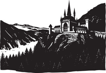 A castle in the remote wilderness. Hand drawn vector illustration
