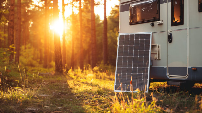 Portable solar photovoltaic panel, charging battery at camper car rv. Camping on nature, van life