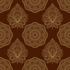 Seamless decorative ornament in ethnic oriental style. Lotus flower and mandala for Henna, Mehndi, tattoo, decoration. Doodle outline hand draw vector illustration.