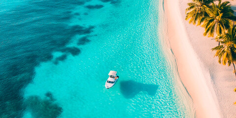 Aerial view of a small boat anchored near a tropical beach with white sand, turquoise water, and palm trees creating a paradise vacation scene
