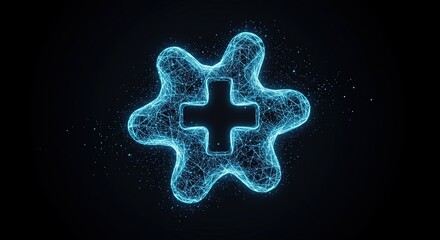 A neon blue wireframe cross shape within a starburst on a black background