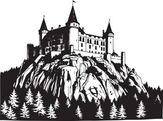 A castle in the remote wilderness. Hand drawn vector illustration