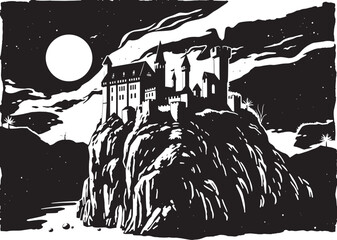 A castle in the remote wilderness. Hand drawn vector illustration