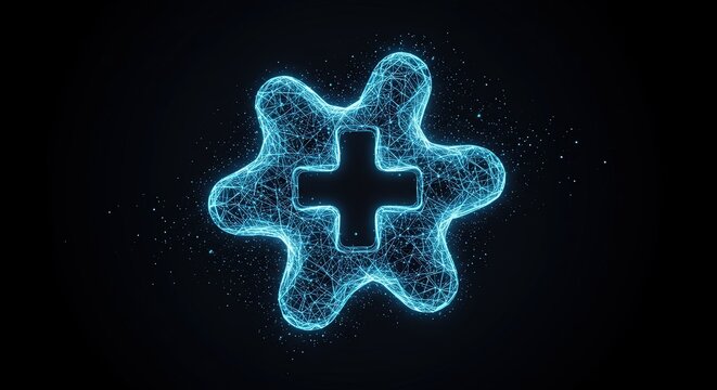 A neon blue wireframe cross shape within a starburst on a black background