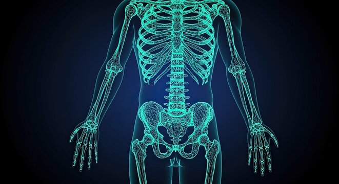 A neon blue wireframe skeleton of a human torso and arms on a dark background