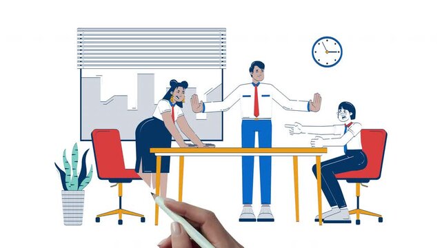 Conflict resolution hand drawn whiteboard animation. Business mediation negotiation. HR manager calming down colleagues argument animated 2D characters doodle art, pencil drawing scribble 4K video