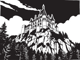 A castle in the remote wilderness. Hand drawn vector illustration
