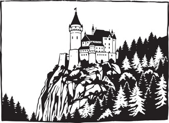 A castle in the remote wilderness. Hand drawn vector illustration