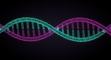A neon pink and teal DNA helix glows against a black background