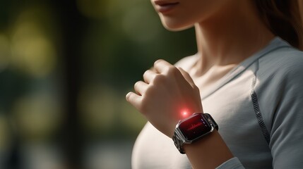 Female athlete tracking heart rate with smartwatch, exercising in sunlit park, embodying wellness amid verdant surroundings