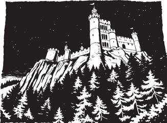 A castle in the remote wilderness. Hand drawn vector illustration