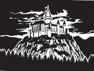 A castle in the remote wilderness. Hand drawn vector illustration